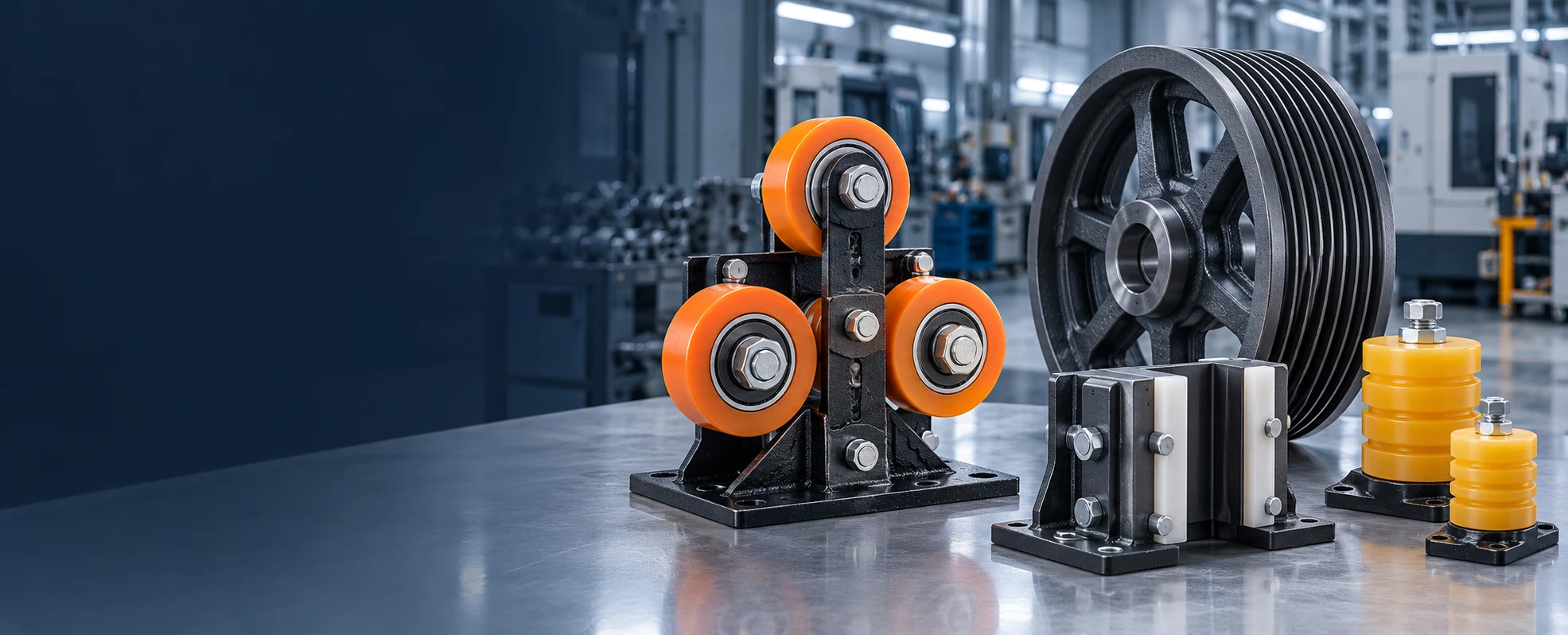 Illustrative elevator guide shoes, sheaves and polyurethane components